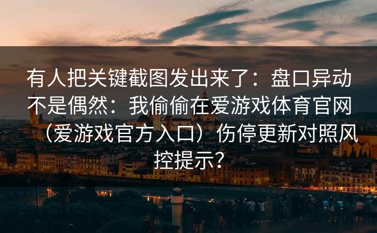有人把关键截图发出来了：盘口异动不是偶然：我偷偷在爱游戏体育官网（爱游戏官方入口）伤停更新对照风控提示？